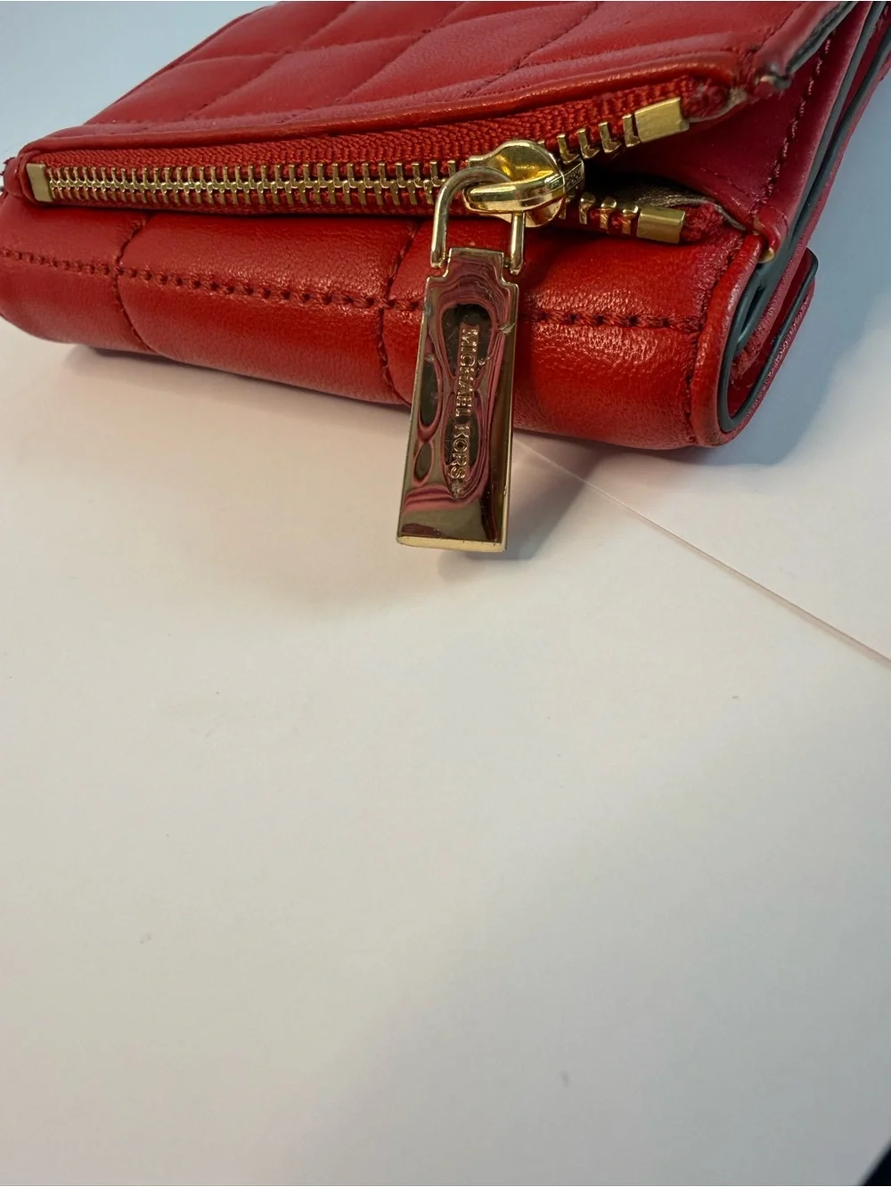 Michael Kors Red Quilted Leather Trifold Wallet Gold Hardware